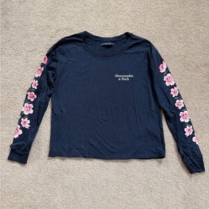 Abercrombie & Fitch Dark Blue Top with Pink Floral Sleeves Size M